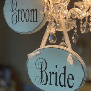 Wedding Bride and Groom white wash wooden signs.